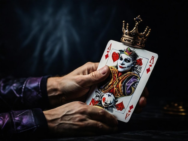 A Joker card on a black background close up shot Male hand holds a playing card Joker from a Crow