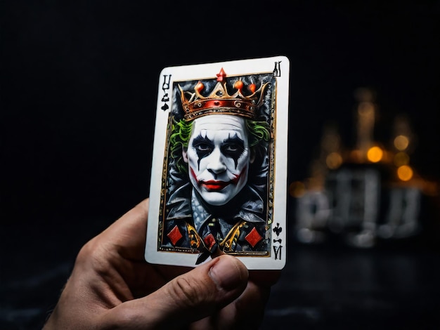 A Joker card on a black background close up shot Male hand holds a playing card Joker from a Crow