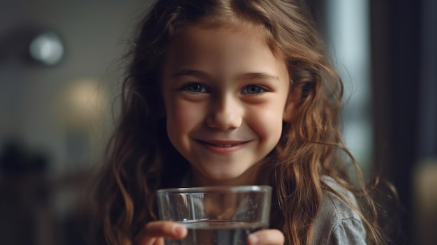 Joking girl holding glass of water while grinning Generative AI