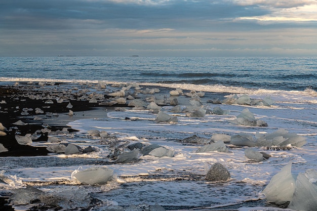 Jokulsarlon Glacier Lagoon in Iceland during a summer sunset