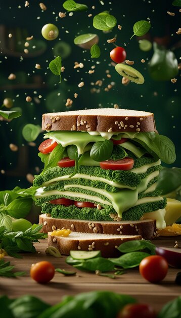 Photo jolly green giant sandwich falling into midair with its ingredients