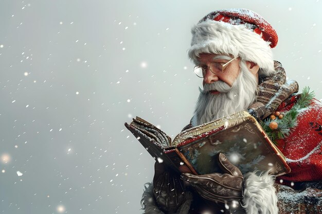 Photo jolly old santa reading christmas carol in snowy winter wonderland