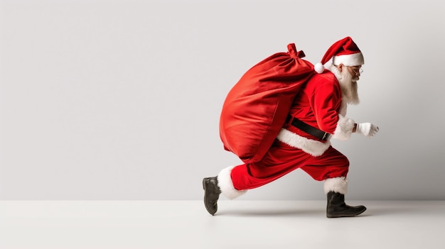 Photo a jolly santa claus in a bright red suit and hat hurries with a hefty red sack filled with gifts embodying the spirit of christmas and holiday cheer