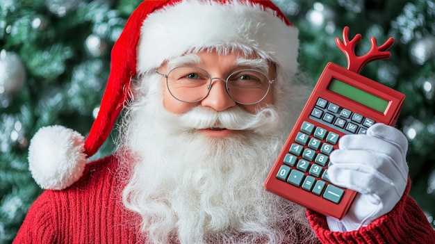 Jolly Santa Claus Calculating Christmas Expenses with Calculator and Festive Background