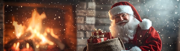 Jolly Santa Claus Holding a Sack of Gifts in Front of a Cozy Fireplace Christmas