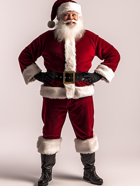 Photo a jolly santa claus in a red suit with a white beard smiles and stands with his hands on his hips