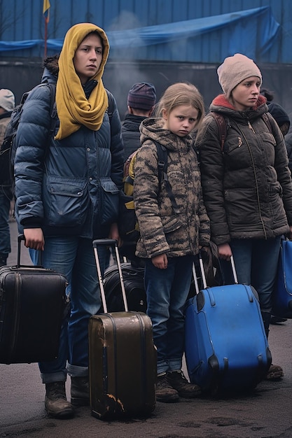 journalistic photo of two ukrainian refugee women and children carrying luggage