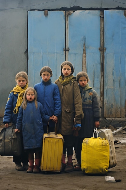 journalistic photo of two ukrainian refugee women and children carrying luggage