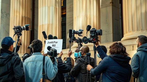 Photo journalists covering a protest with a justice for all sign