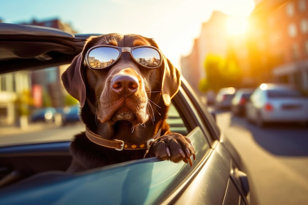 On a journey a cute dog labrador enjoys the view from the car's window Pet travel concept