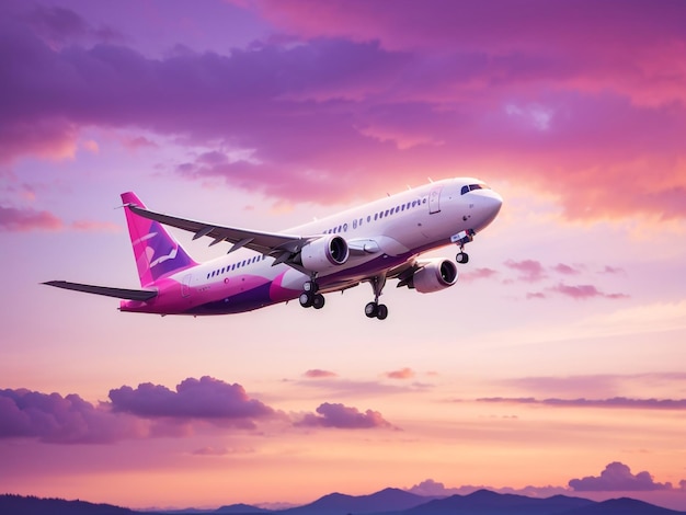 Journey into Dusk Airplane Soaring in the Colorful Sunset Sky over Landscapes