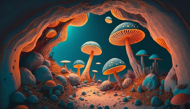 Journey to a magical country with colored mushrooms and crystals generative ai