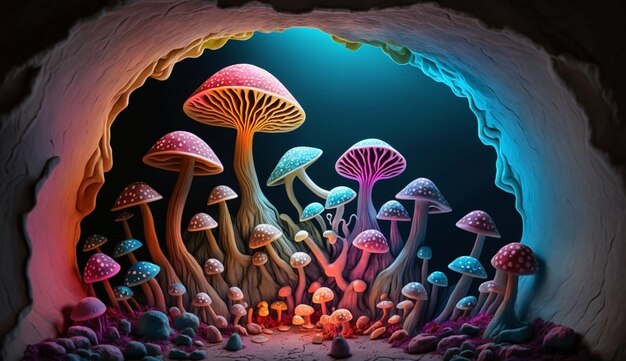 Journey to a magical country with colored mushrooms and crystals generative ai