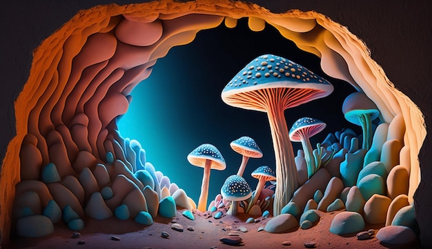 Journey to a magical country with colored mushrooms and crystals generative ai