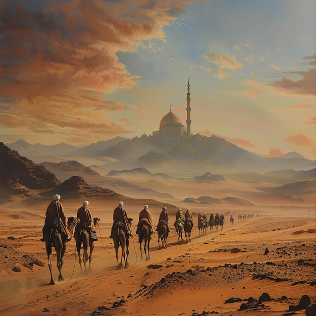 Journey to Mecca Caravan of Camels and Pilgrims