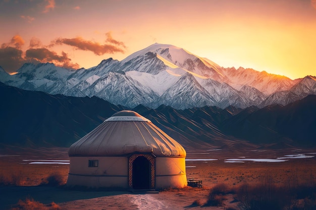 Journey in nature of yurt against backdrop of mountains and dawn sky