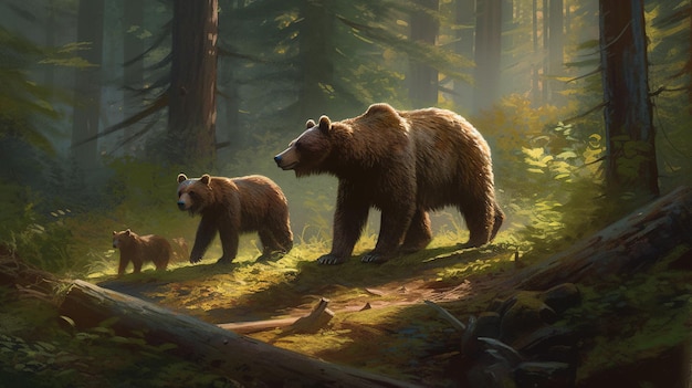 A Journey of Wonder Mother Bear and Cubs Uncovering the Forest039s Secrets