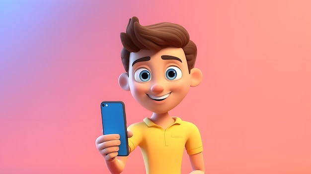 Joven feliz en 3D Sosteniendo celular Inteligente