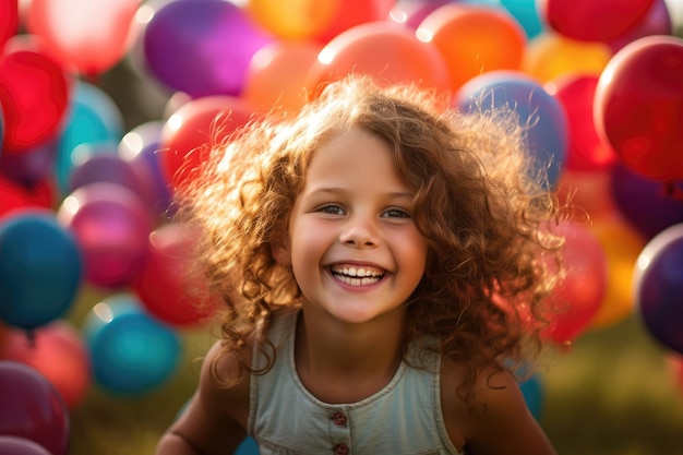 The joy and excitement of a child girl playing in a field of colorful balloons in a close up shot Generative AI