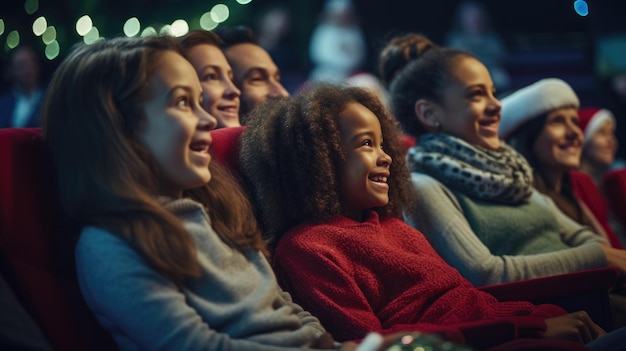 joy on faces as family and friends gather for a festive movie on christmas night text space