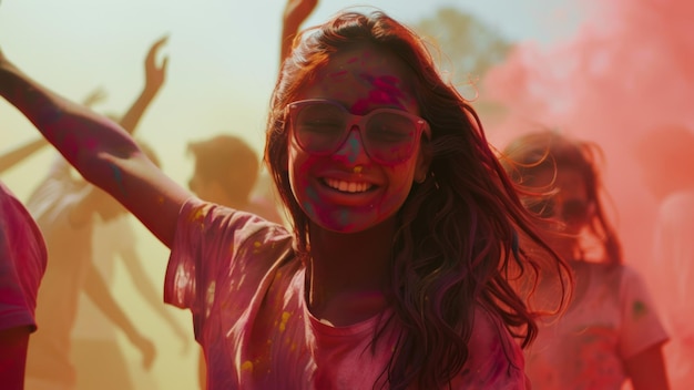 Joy personified in the explosion of colors surrounding a girl during a vibrant Holi festival