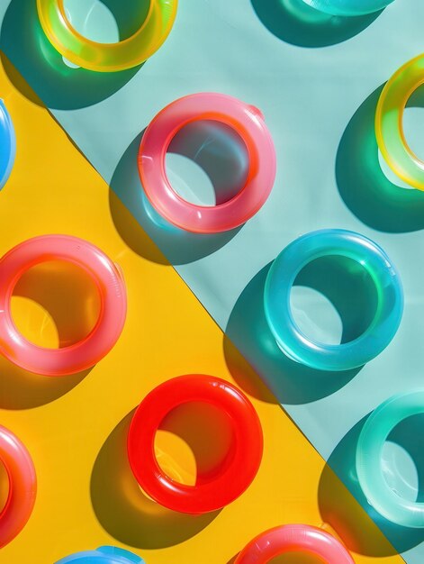 Photo the joy of summer encapsulated in a studio scene with colorful rubber rings arrayed against a playful colored background