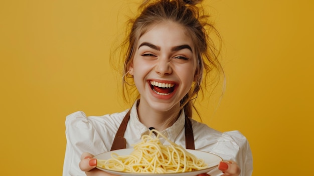 Photo joyful 25 year old woman laughing holding plate of spaghetti in realistic photo