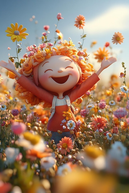 Joyful 3D Cartoon Character in a Field of Flowers