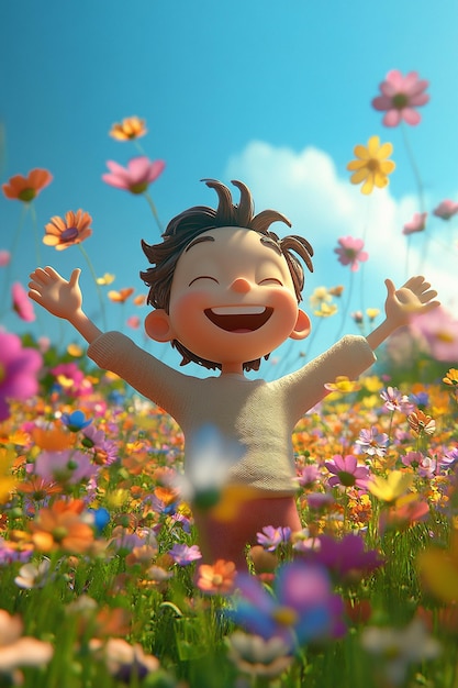 Joyful 3D Cartoon Character in a Field of Flowers