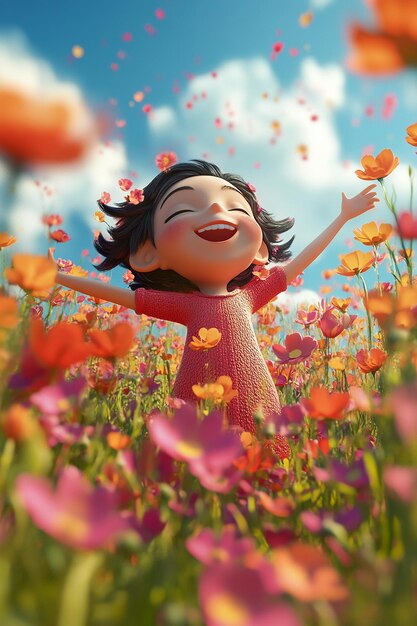 Joyful 3D Cartoon Character in a Field of Flowers