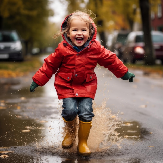 A joyful 7yearold child in red rubber boots jumps through puddles on a Finnish autumn street creating splashes in the air