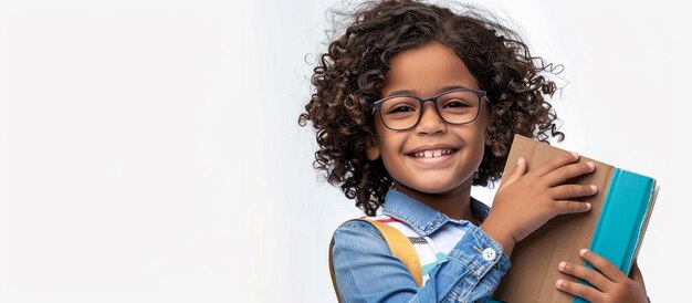 Joyful African American child with textbooks perfect for school campaigns