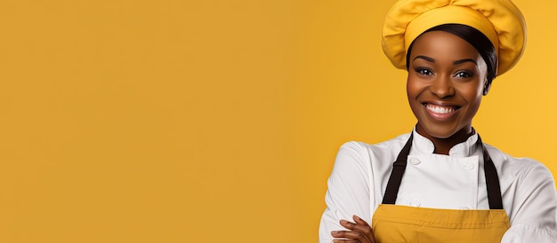 Joyful African American female cook in uniform and hat happily glancing at oven mitt on hand posing with delight in yellow studio backdrop