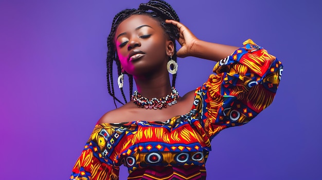 Photo joyful african woman dancing gracefully indoors eyes closed against a purple backdrop