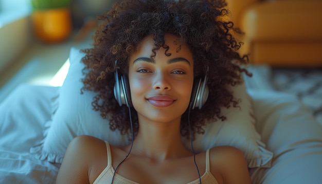 Joyful African Woman Immersed in Music Streaming Freedom and Relaxation in Living Room