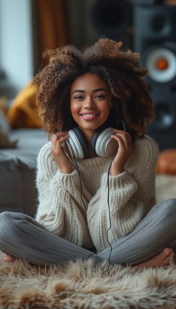 Joyful African Woman Immersed in Music Streaming Freedom and Relaxation in Living Room