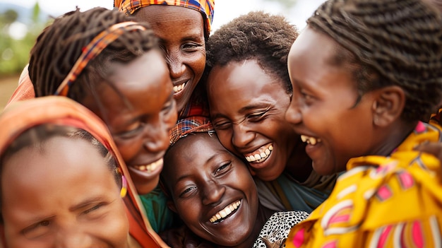 Joyful African women in traditional attire hugging and laughing together