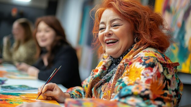 Photo a joyful artist creating colorful paintings in a lively art class during a creative workshop