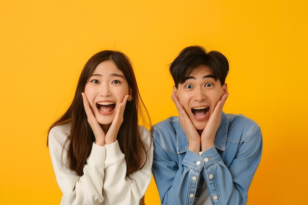 Joyful Asian Couple Expressing Excitement and Surprise on Vibrant Yellow Background