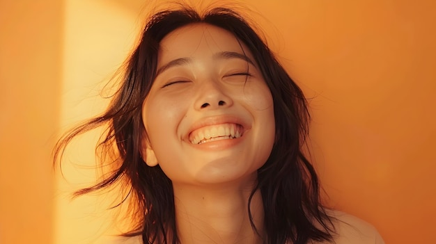 Joyful Asian Woman Laughing with Eyes Closed in Bright Orange Portrait Photography