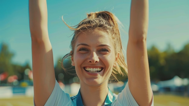 Photo joyful athlete celebrating victory under clear blue skies at summer sports event