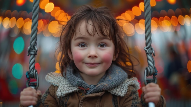 Joyful Autumn Fun Child Enjoying Colorful Fair Ride under Bright Lights Photography with Canon EOS R5 35mm f18 Lens