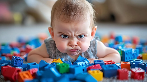 Joyful Baby Engaged in Creative Play with Colorful Blocks Captured in Vivid Detail