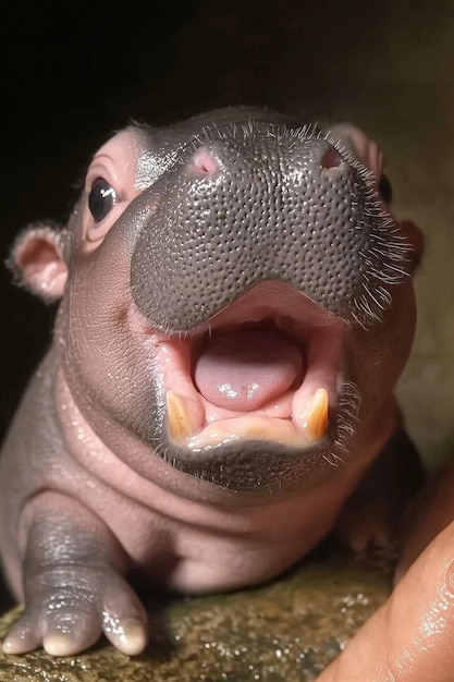 Photo a joyful baby hippo with wide open mouth showcasing its tiny teeth and playful expression