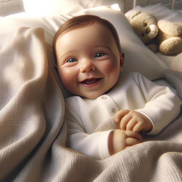 Joyful Baby Smiling in Bed