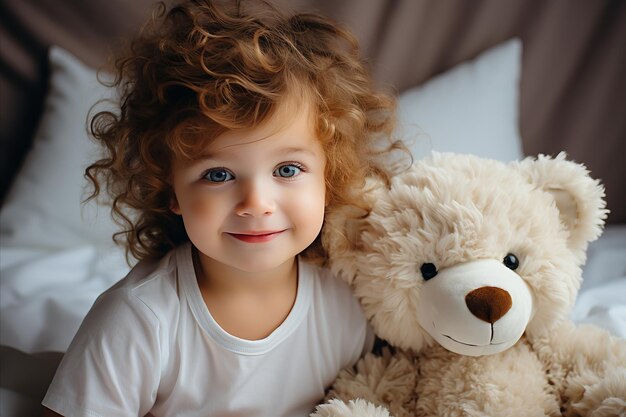 Joyful Baby Smiling Brightly on a Cozy White Bed Surrounded by Adorable Plush Toys in a Sunlit Room