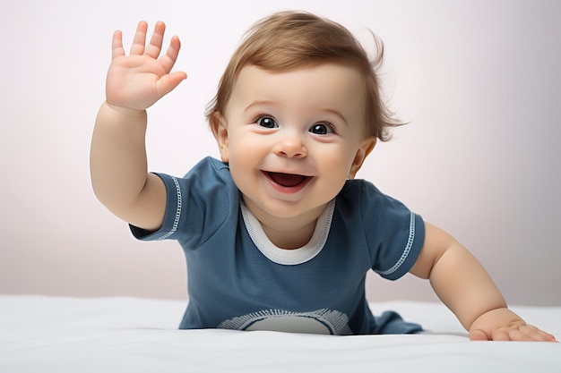 Joyful baby on a soft white bed reaches out with a tiny hand smiling playfully against a neat light backdrop capturing a moment of innocent curiosity