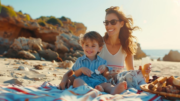 A joyful beach picnic with a mother and son