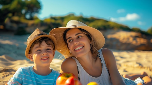 A joyful beach picnic with a mother and son