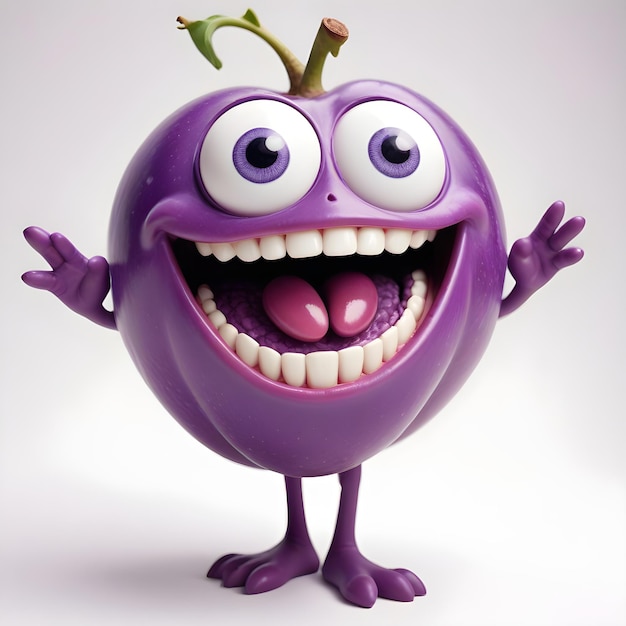 A joyful beaming purple plum character with large eyes and an exaggerated grin against a plain whi